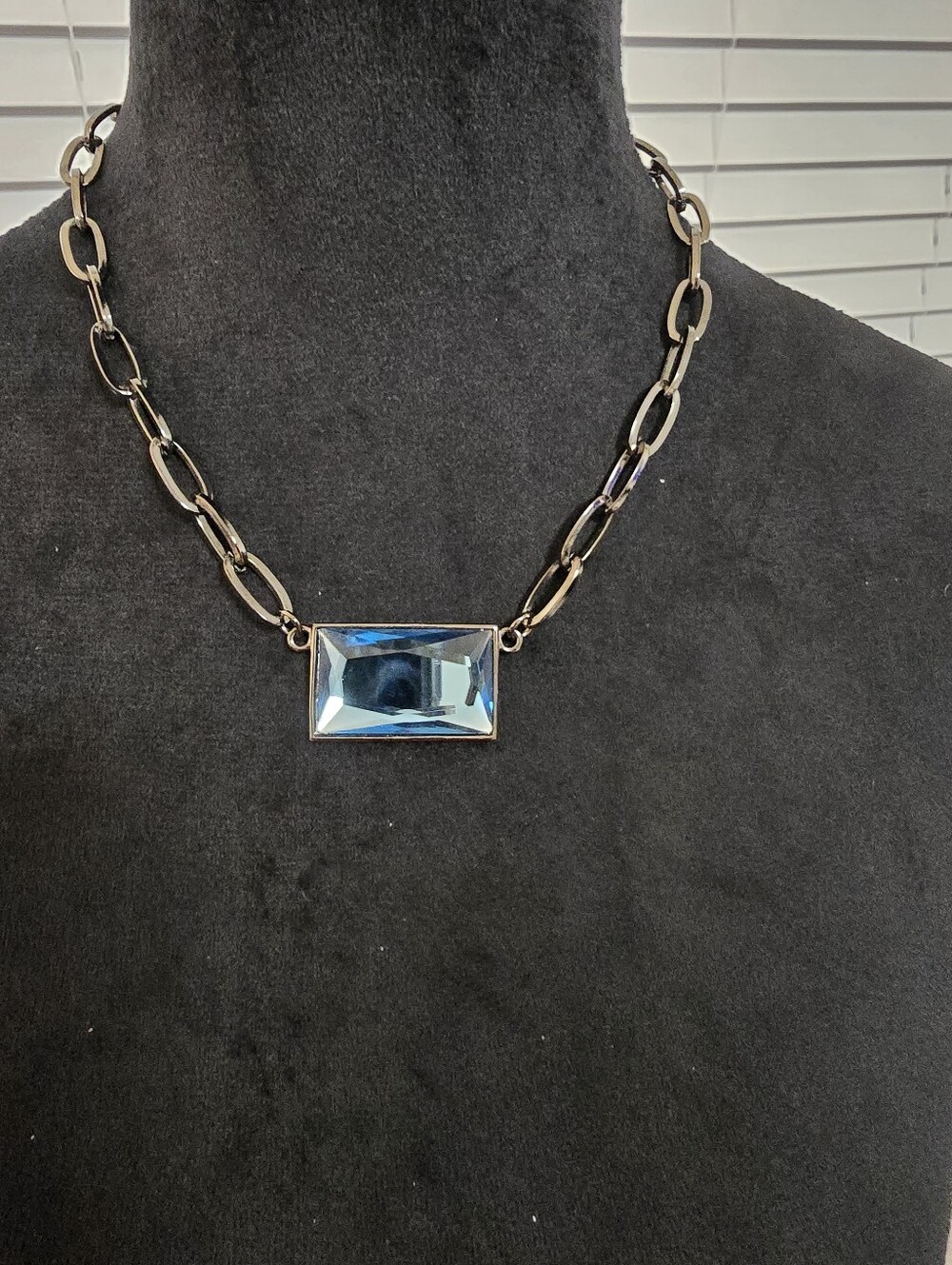 Vintage Lia Sophia Blue Crystal Pendant Chain Necklace - Statement Necklace